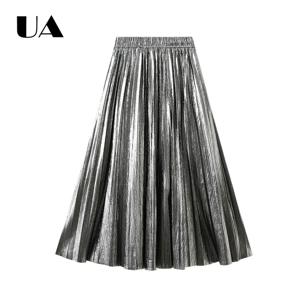 ULBYANRY 2026 Jupe métallique brillante de printemps pour femme, jupes plissées mi-longues trapèze, taille unique 78 cm de long
