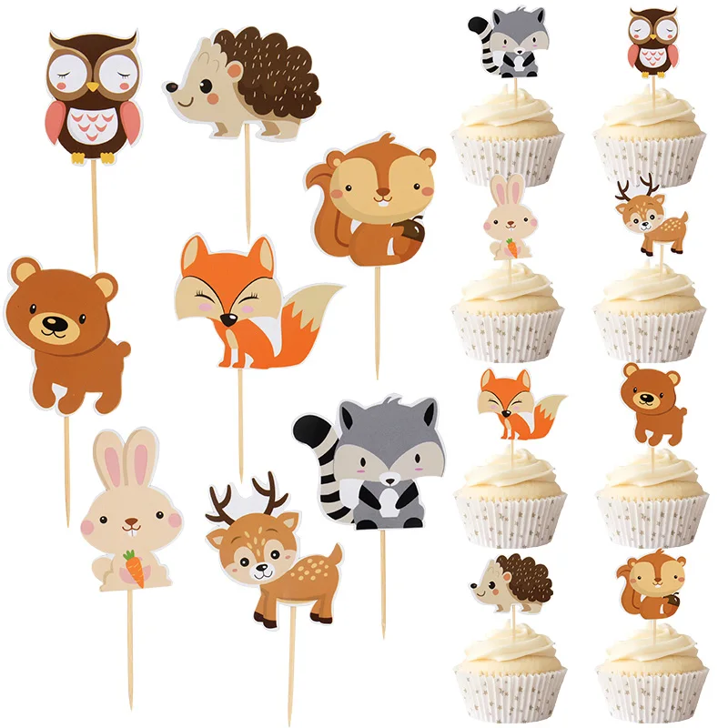 Waldtier-Cupcake-Topper Cartoon-Tierthema Fuchs Eichhörnchen Kuchendekoration Kindergeburtstag-Deko Babyparty-Zubehör