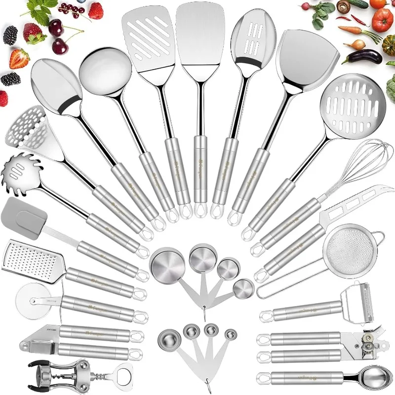 

Stainless Steel Kitchen Utensil Set- 28 Pcs Cooking Nonstick Cookware Set with Spatula - Best Gadgets Tools Kitchen Acces