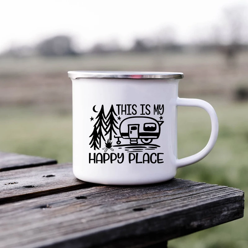 Camping Mug Happy Campers Campfire Enamel Camping Cups  Outdoor Campervan Coffee Mug Mug Adventure Cup Camper Van Gift