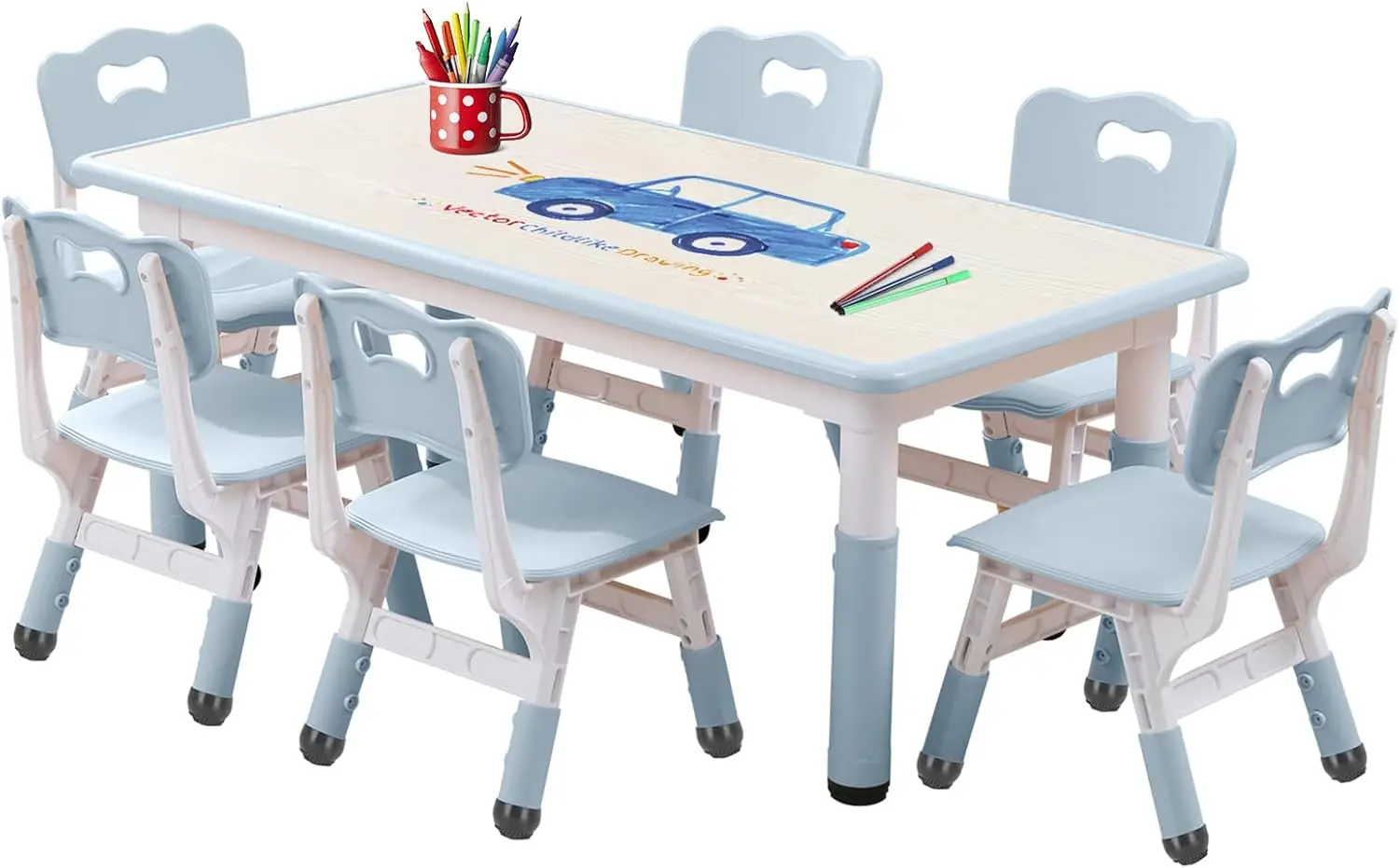 Table and Chairs Set, Height Adjustable Desk With 6 Seats for Ages 3-12,Arts & Crafts Table,Graffiti Desktop, Non-Slip Legs, Max