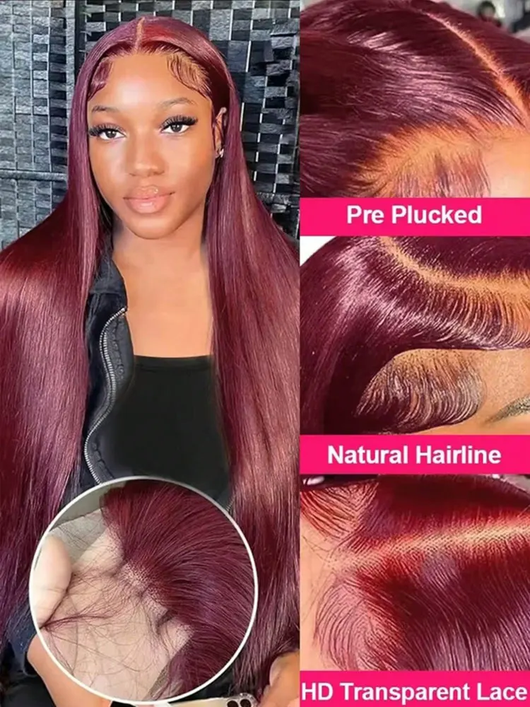 30 بوصة 99J بورجوندي 13x6 HD شفافة العظام شعر طبيعي مفرود الباروكات 100% البرازيلي خصلات الشعر المستعار الإنسان قبل قطعها 250 الكثافة #2