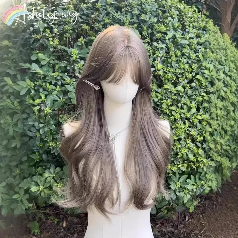 شعر مستعار بني رمادي مع الانفجارات شعر طبيعي طويل مموج 24 بوصة شعر مستعار مموج لوليتا لينة ارتفاع درجة الحرارة الألياف عقال شعر مستعار