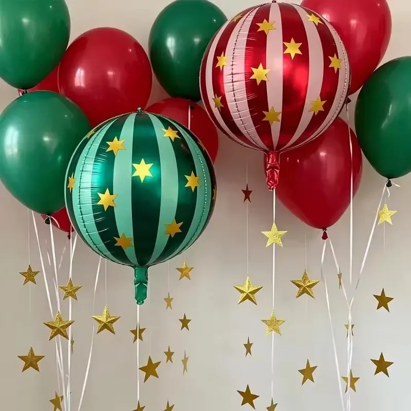 2pcs 22 Inch 4D Striped Star Aluminum Film Balloon with Red Green Spheres That Can Float in The Air for Christmas and Birthday