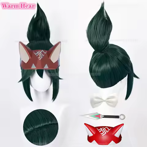 New Kiriko Synthetic Wig Game OW Kiriko Short 27cm Green Ponytail Cosplay Anime Wigs Heat Resistant Hair Halloween Wigs +Wig Cap