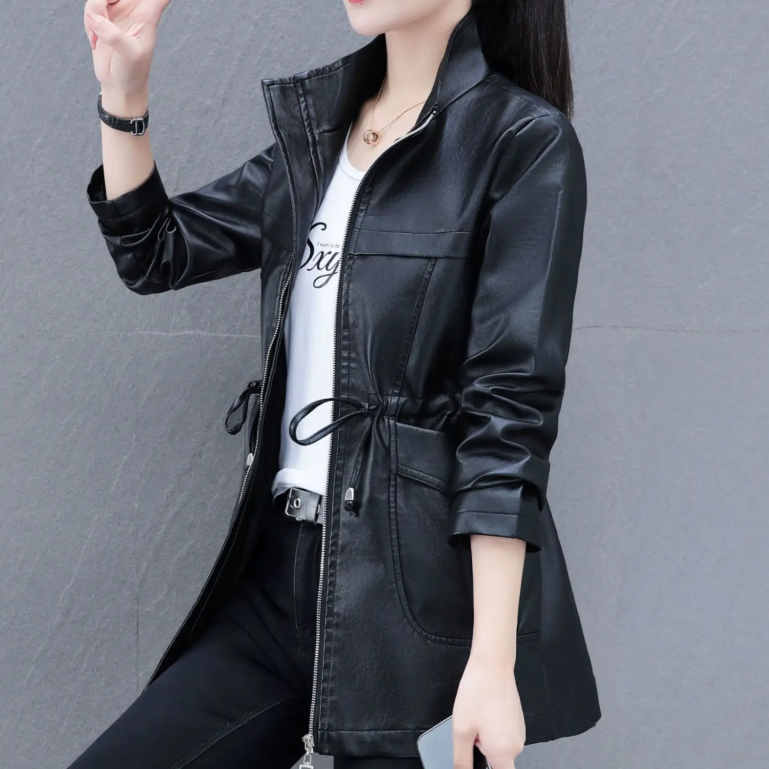 

Autumn Women's Warm Medium Long Leather Jacket PU Baseball Uniform Commuting Style Loose Fitting Artificial Leather Coat