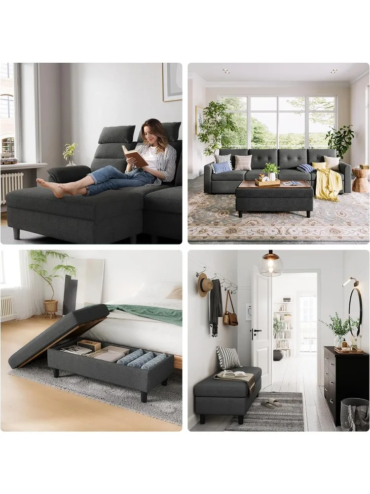 HOME Banc ottoman de rangement de 46 pouces de large, table basse en lin, repose-pieds longs pour chaussures, coffre de rangement, tabouret repose-pieds,