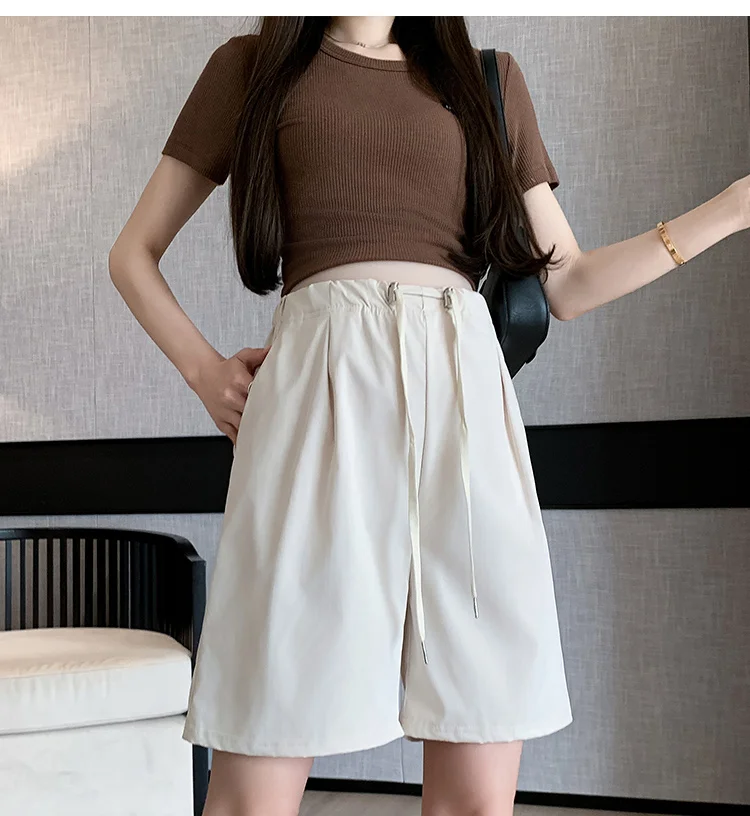 Summer Ice Silk Shorts for Maternity Solid Color High Waist Wide Legs Pregnant Women's Belly Trousers Pregnancy Empired Pants