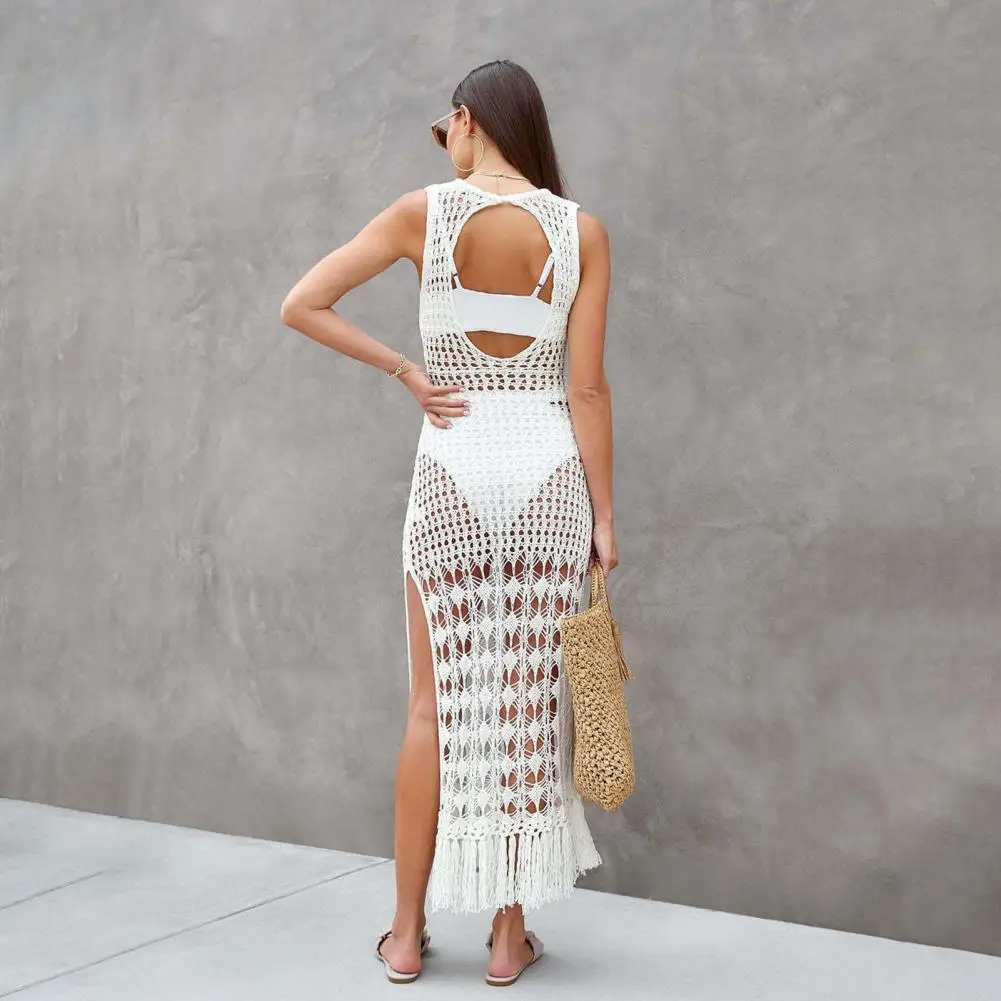 Summer Bikini Cover-up Stylish Hollow Knitted Beach Cover Up Dress Crochet Swimsuit Coverup O-neck Maxi Dress with for Women