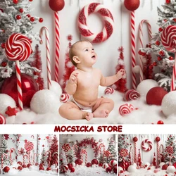 Mocsicka Christmas Backdrop for Photography Candy Cane Xmas Bells Red and White Decoration Baby Photo Background Photocall Props