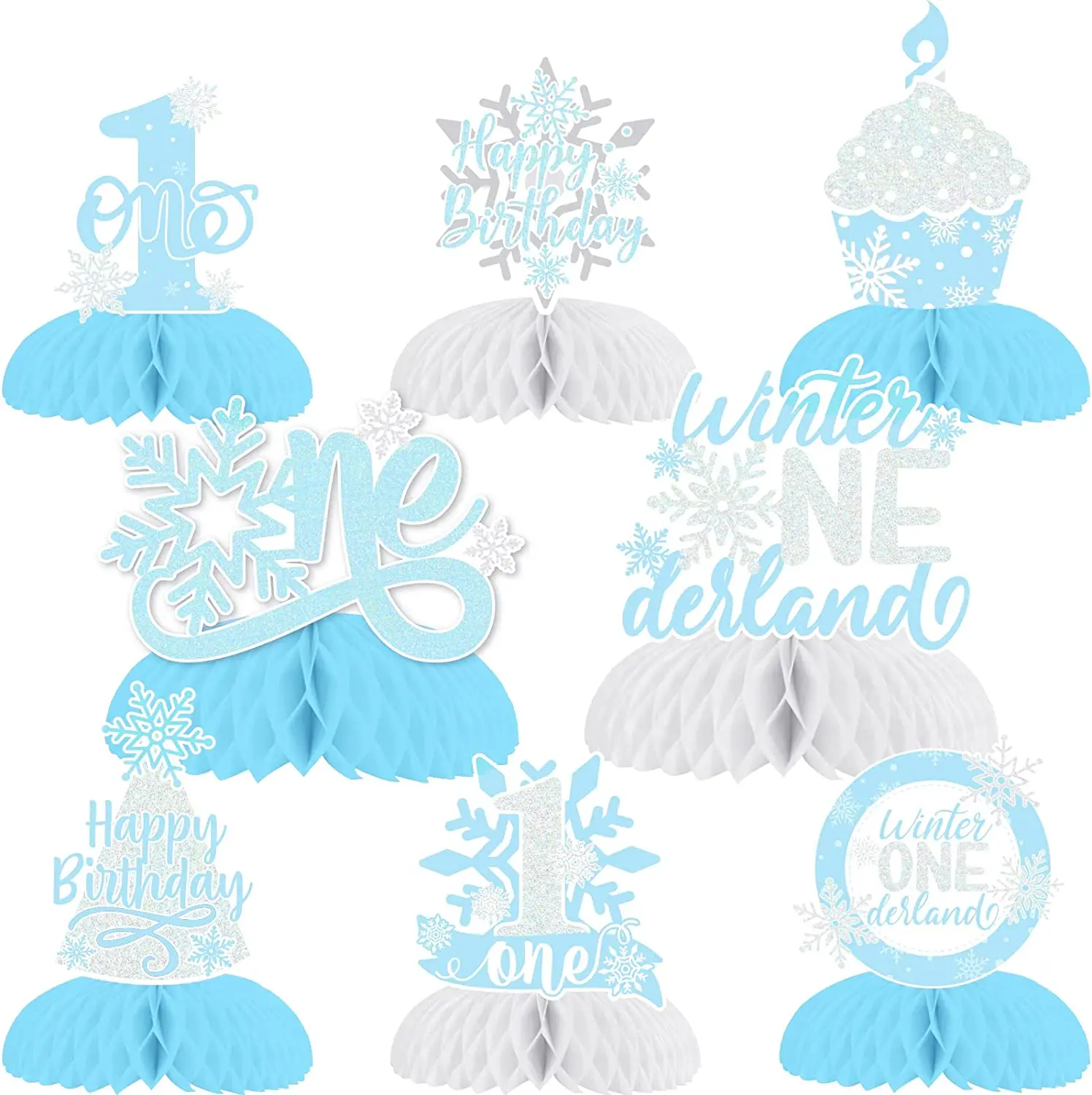 

Sursurprise-Blue Snowflake Honeycomb Centerpieces, 3D Table Decorations, 1st Birthday, Winter, Onederland, 8Pcs