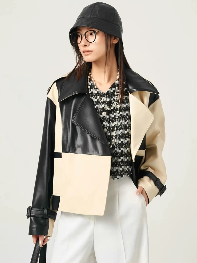 Genuine Leather Motorcycle Jacket Women Spring Autumn High-end Simple Black White Contrast Design Soft Short Real Sheepskin Coat