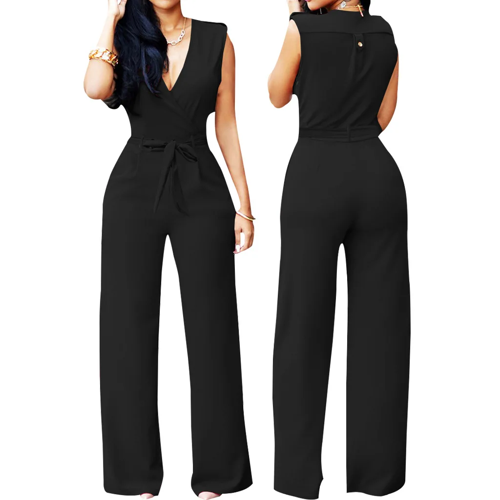 Solid color short-sleeved jumpsuit European and American sexy fashion casual deep V neck tied waist women's jumpsuit