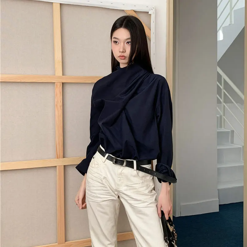 EAEOVNI moda bufanda cuello mujer blusa Color sólido pliegues diseño camisa de manga larga Casual 2025 nueva ropa femenina 1A1647