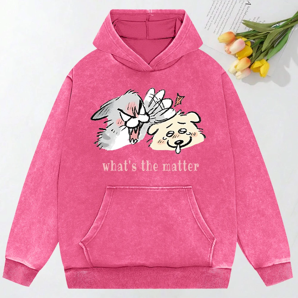 O que é a matéria com estampa de cachorro feminino lavado com capuz vintage bolso moletom solto oversize quadrinhos multicolorido streetwear