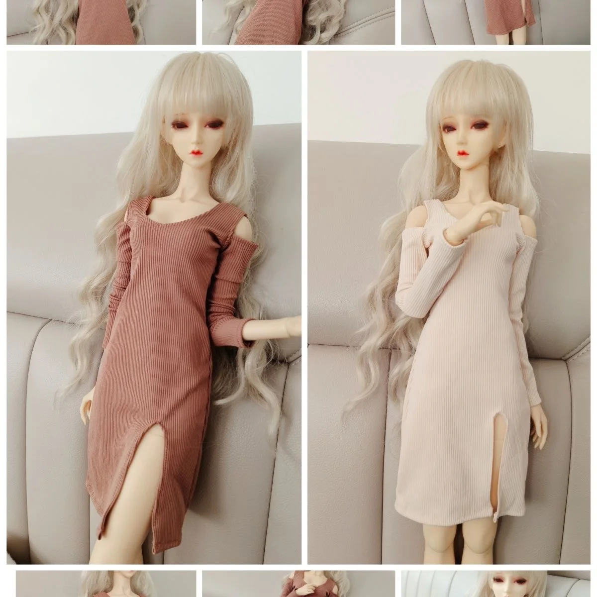 1/3 BJD Doll Clothes, Coffee Beige Long-Sleeved Off-The-Shoulder Knitted Skirt, Nice Dress Free Shipping