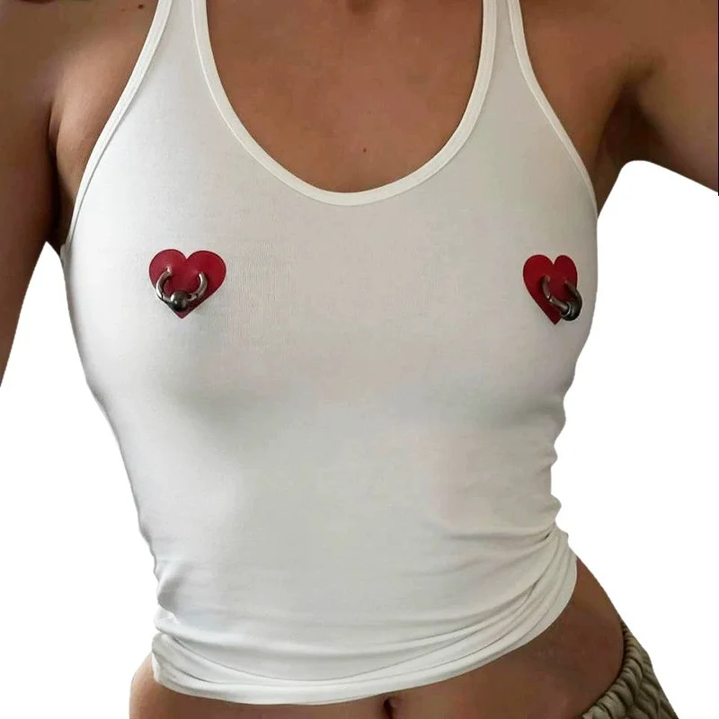 Y2K Gothic Women Tank Top Red Heart Metal Ring Piercing Decor U‑Neck Sleeveless Crop Top Slim Fit Casual Party Clubwear Female V