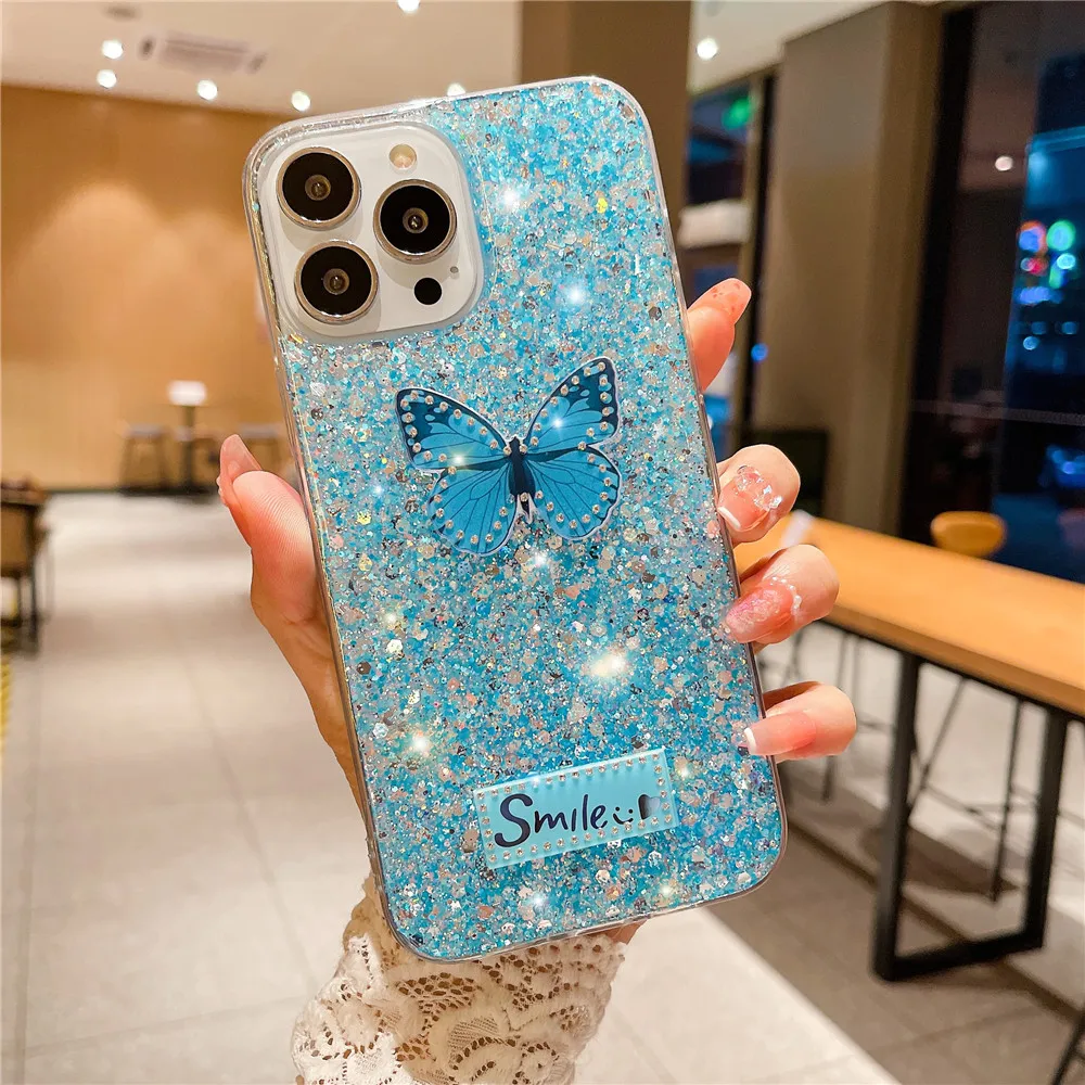 Butterfly Diamond Glitter Phone Case For Xiaomi Redmi Note 13 13ProPlus 12 Pro 11 11S 10 10S 9 9S 8 Pro Soft Silicone Back Cover