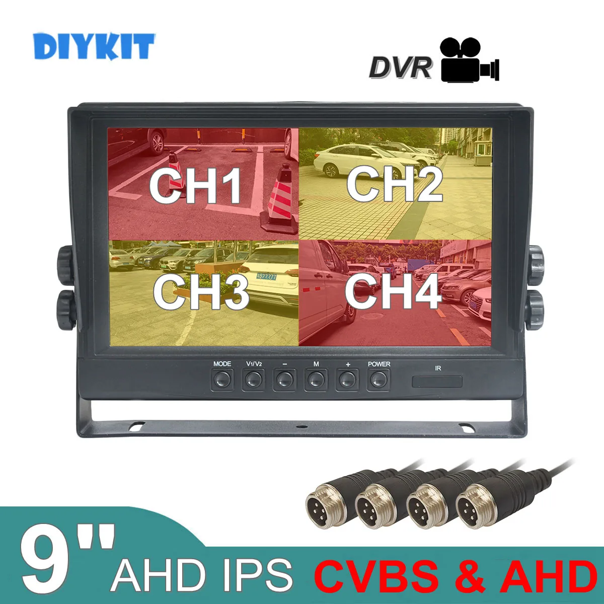 DIYKIT 9inch AHD IPS 1024x800 HD Car Monitor Rear View Monitor Support 256GB SD Card AHD Car Camera Video Recording