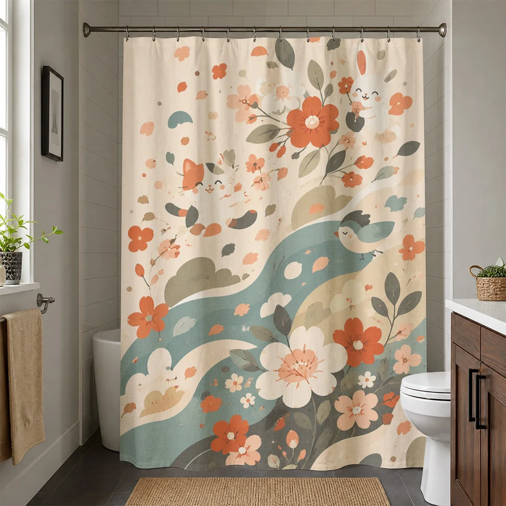 Watercolor Floral River Shower Curtain Bathroom Decor Bohemian Style Tropical Bloom Shower Curtain Liner