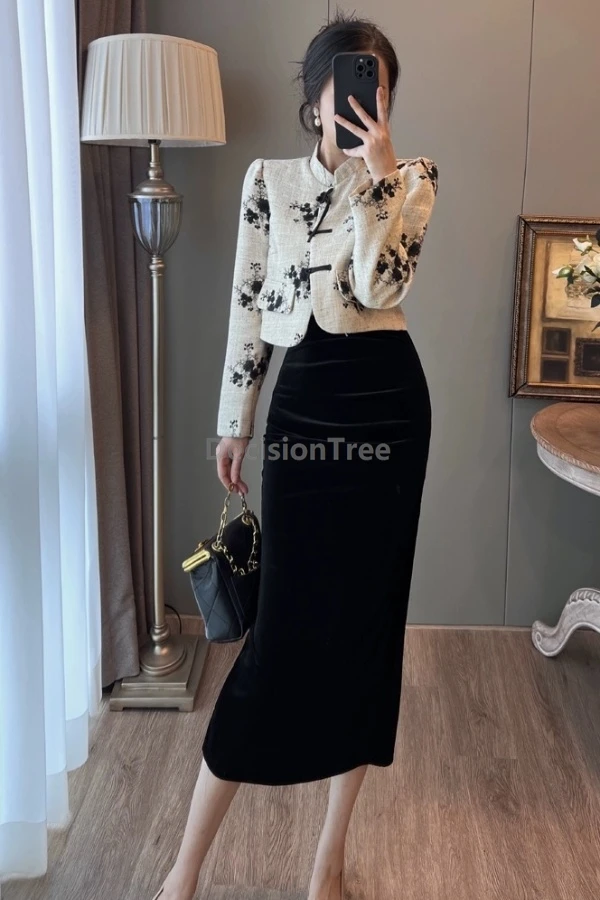 

Винтажный комплект из двух предметов в китайском стиле, конопляная вышитая пряжка в виде диска, костюм Тан, топ, простая универсальная элегантная бархатная юбка