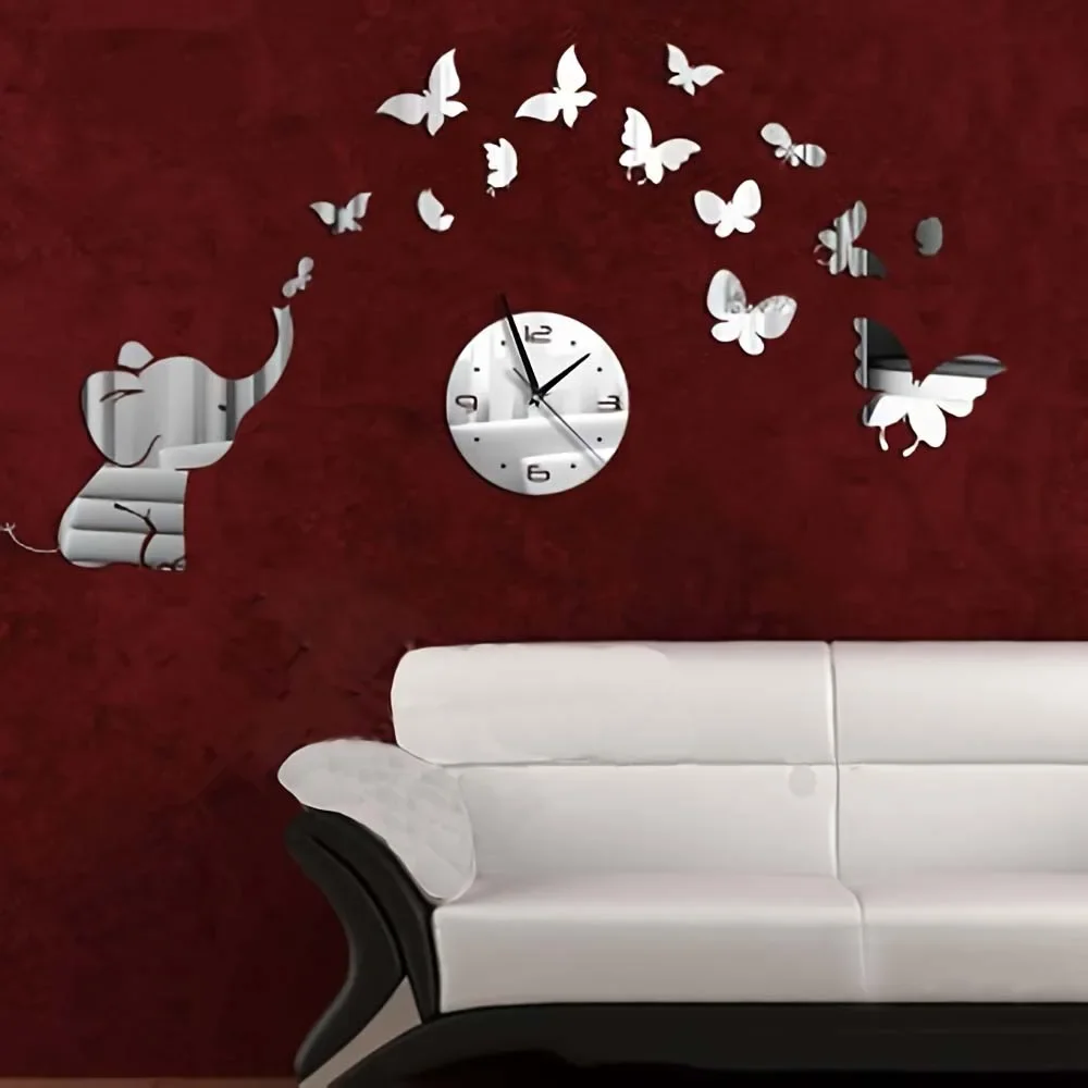 Elephant Butterfly Mirror Wall Clock Creative DIY 3D Fashion Home Decoration Wall Sticker Clock Art Mute Wall Clock