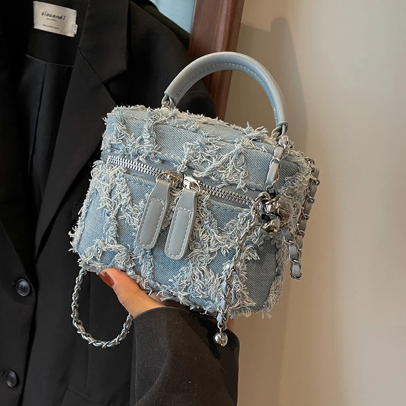 

Women Denim Bucket Shoulder Crossbody Bag Drawstring Quilted Distressed Tassel Barrel Shape Satchel Purse Clutch Evening Bag