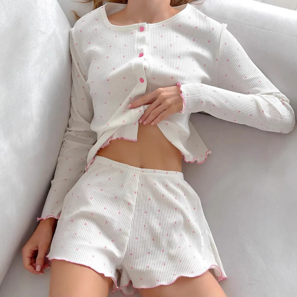 Two Piece Pajama Sets Women Print Knit Short Sleeve Tops Single Breasted Casual Spliced Lounger Slim Fit Shorts Suit Summer 2026