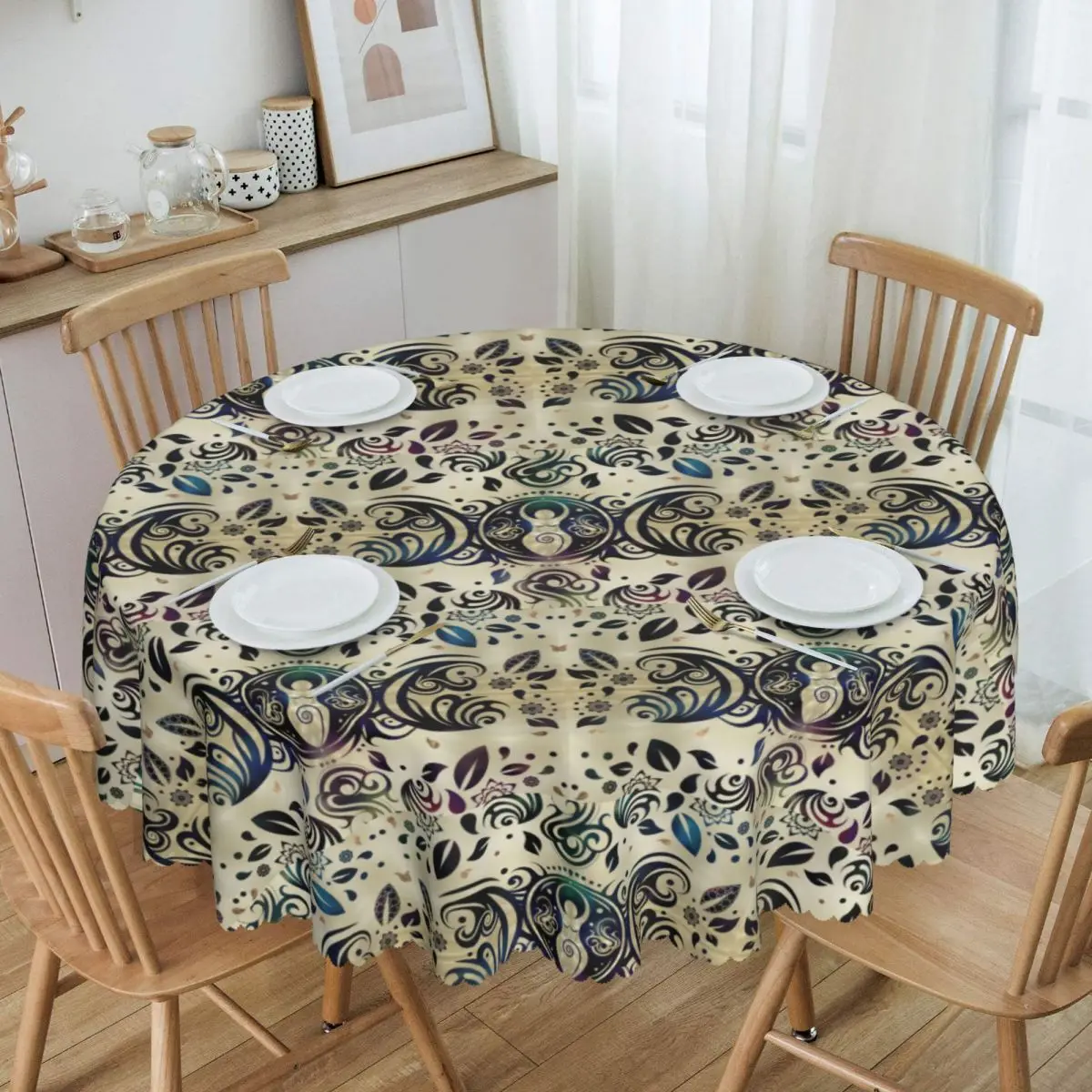 Round Waterproof Triple Moon Goddess Table Cover Witch Wiccan Magic Tablecloth for Picnic 60 inch Table Cloth