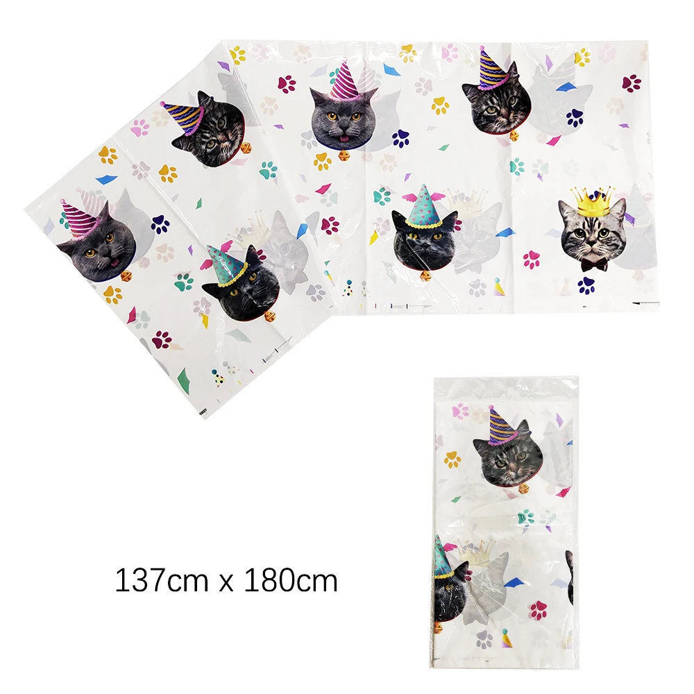 Cute Cat Disposable Tableware Set Cartoon Cat Paper Cup Plates Banner Straws Cupcake Topper for Diy Bithday Party Decorations
