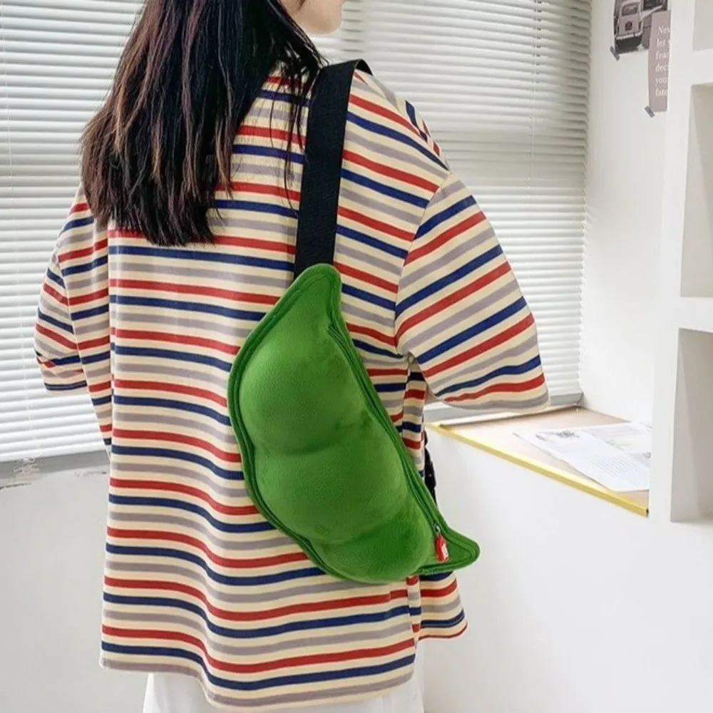 

Funny Creative Edamame Shape Bag Zipper Closure Green Soybean Shoulder Bag Soft Texture Cartoon Plush Messenger Bag Trendy Style