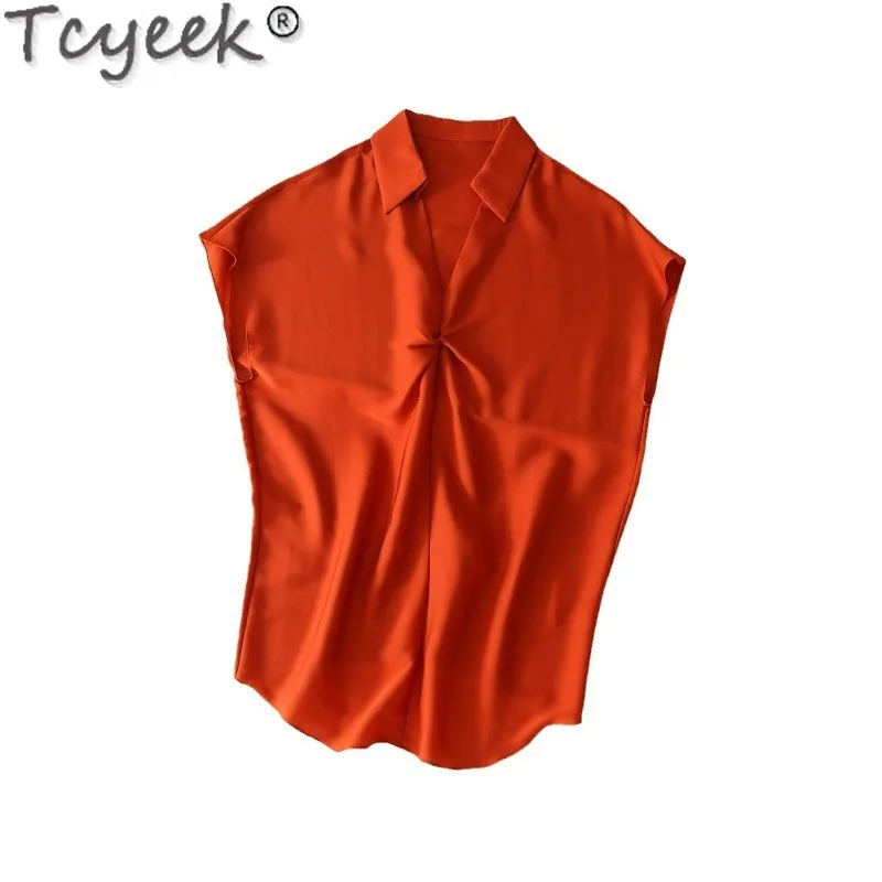 Tcyeek-Blouse en fibre de mûrier pour femme, style fin, vêtements d'été en Y, 7 couleurs, 93%, 2024