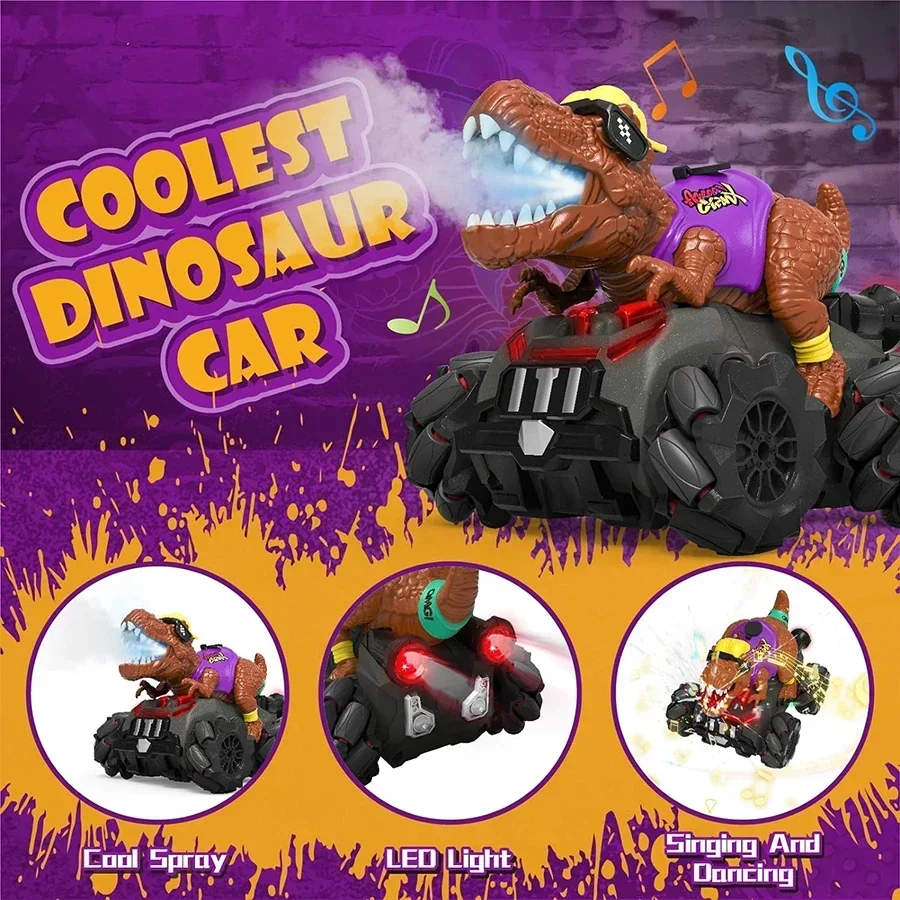 Coche de dinosaurio teledirigido, juguete eléctrico Hobby RC para niños pequeños, con luces y sonido en aerosol, regalo de cumpleaños para niños y niñas