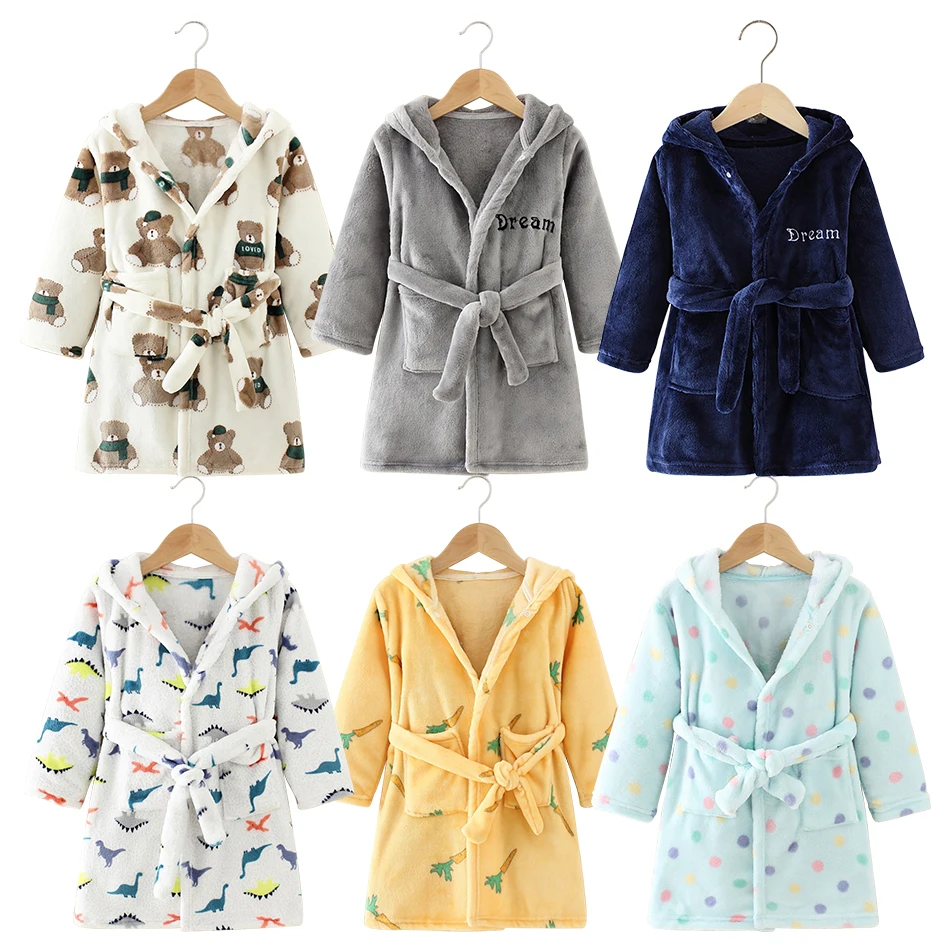 Cozy Multiple Style Lovely Cartoon Printed Fleece Hooded Robes Kids Unisex Sleepwear Ideal Choice for Autumn Winter and Spring