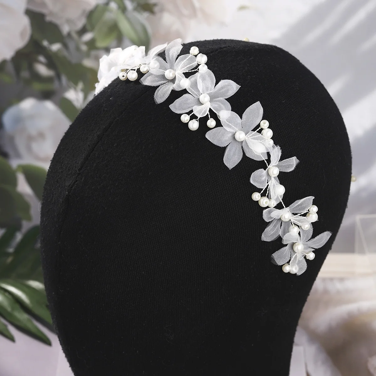 Elegant White Organza Flower Bridal Headband Pearl Floral Hair Vine Fairy Wedding Hair Accessories Bridesmaid Party Headdress image 3