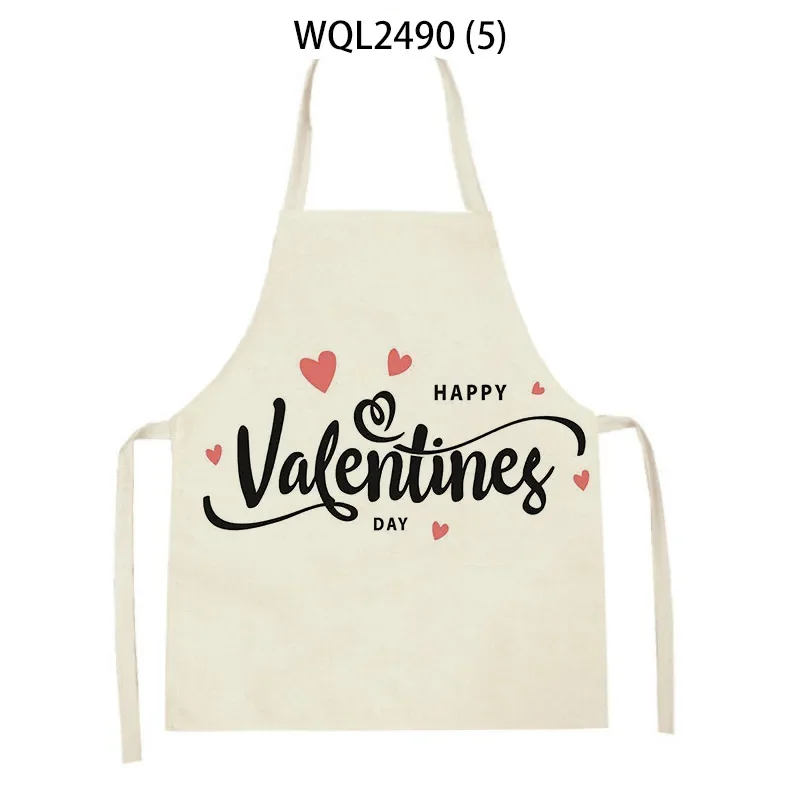 Valentine's Day Love Pattern Linen Fabric Sleeveless Hand Wiping Waist Apron Home Festival Decoration Apron Kitchen Delantal