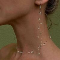 Handmade Water Drop Earrings Necklace for Women Fashion Transparent Crystal Bead Long Tassel Earrings Wedding Party Jewelry Gift