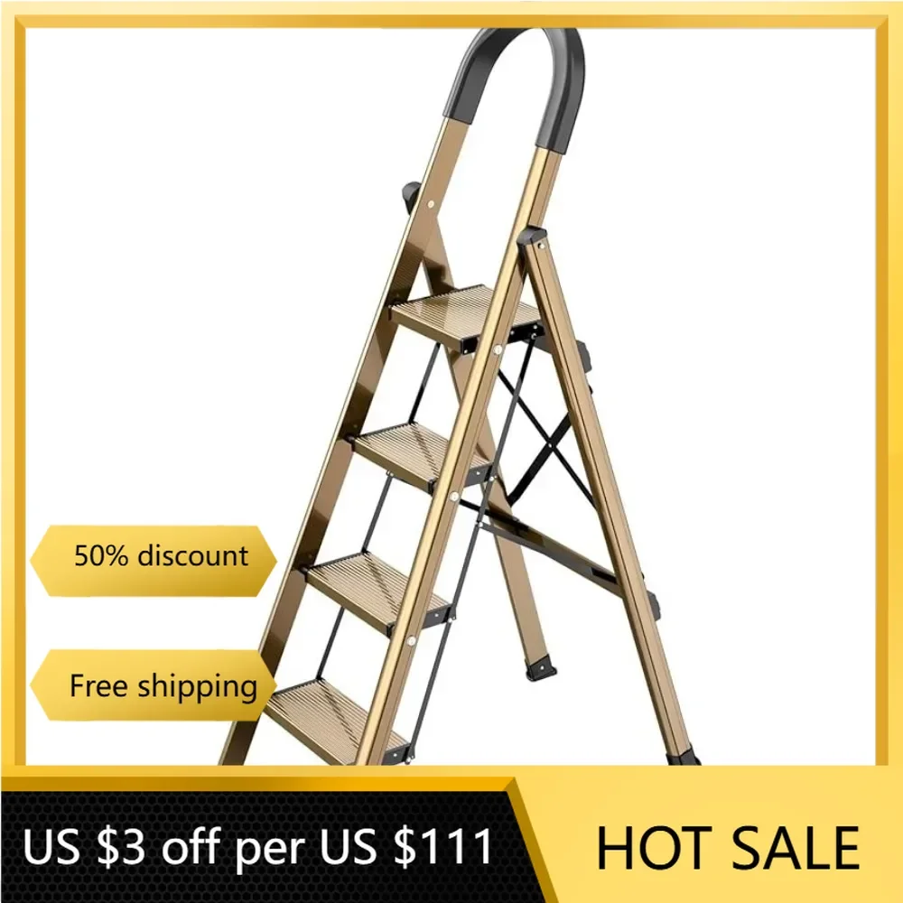 Aluminum 4 Step Ladder Folding Step Stool Stepladders With Anti-Slip and Wide Pedal (Brown Gold)freight Free Stairs