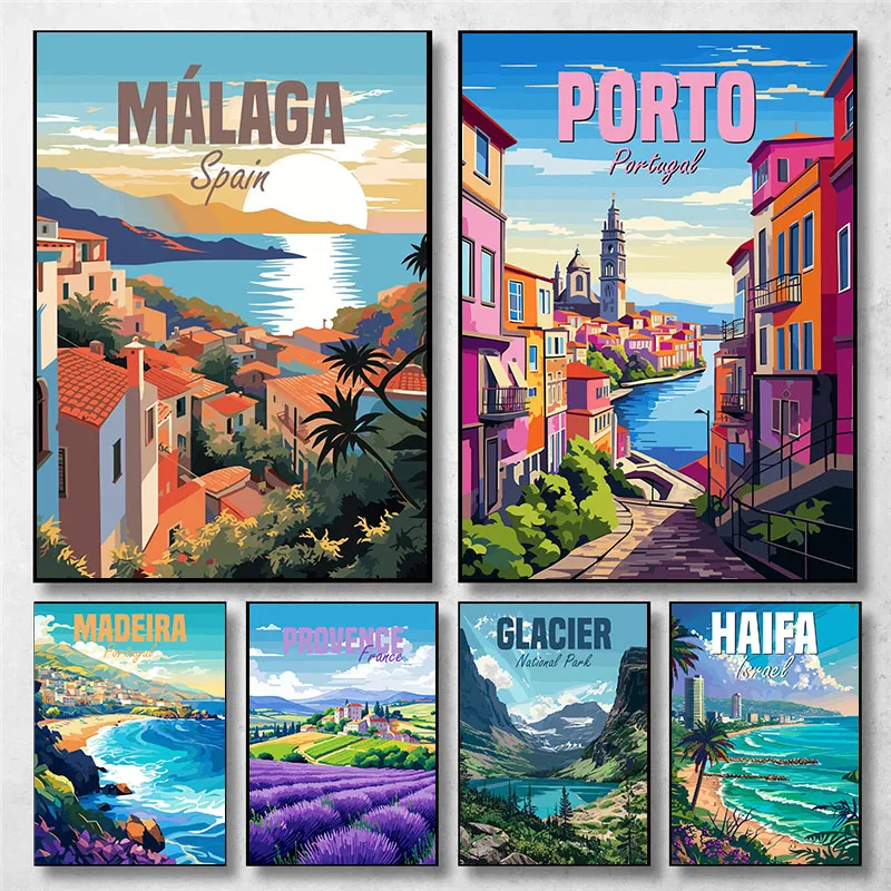 Travel Art Poster Spain Malaga Rome Porto Madeira Portugal Coast Canvas Painting Wall Print Picture for Living Room Home Decor