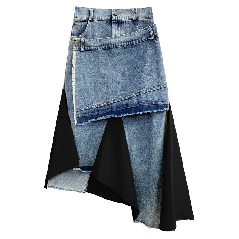 Women's Asymmetric Contrast Color Fringed Pleated Skirt Loose A-line Polyester Denim Blend Casual Vintage Stylish Summer Black