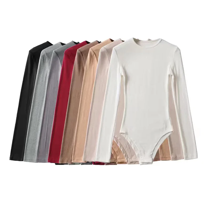 Damskie body z długim rękawem, prążkowane, z okrągłym dekoltem, wykonane z bawełny, 8 kolorów