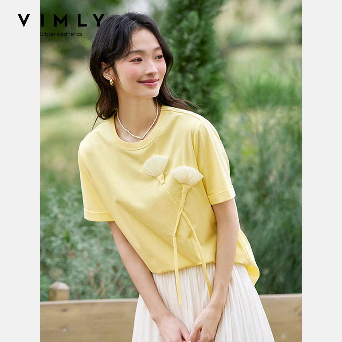 VIMLY Summer Yellow Short Sleeve T-shirt Woman 2025 Fashion Handmade 3D Floral Round Neck Cotton T Shirts Women Clothing A1519