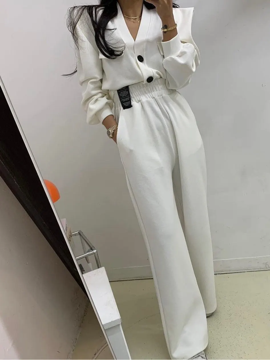 Women's Casual Style Button up Shirt with Shoulder Pads High Waist Loose Straight Leg Pants Two Piece Set Elastic Waist Label