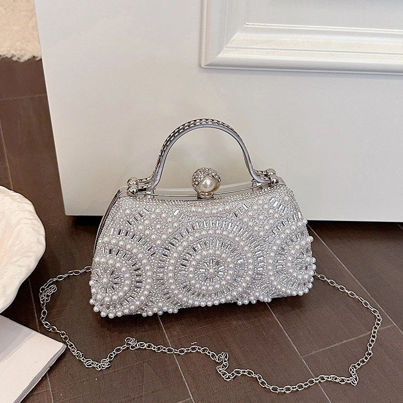 Women Pearl Rhinestone Evening Clutch Bag With Handle Chain Elegant Wedding Party Handbag Formal Dinner Cocktail Purse