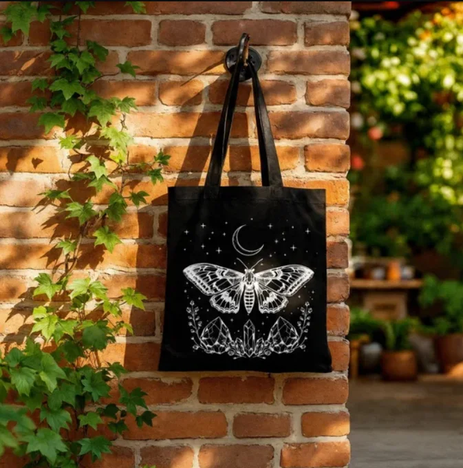 Vintage Lunar Moth Moon Canvas Tote Handbag Versatile Gothic Witchy Astrology Reusable Grocery Handbag for Daily Use for Women
