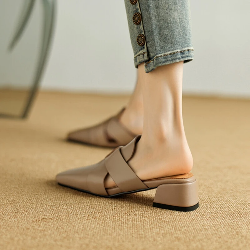 NEW Summer Women Mules Genuine Leather Shoes for Women Cover Toe Chunky Heel Slippers Concise Square Toe Handmade Modern Sandals