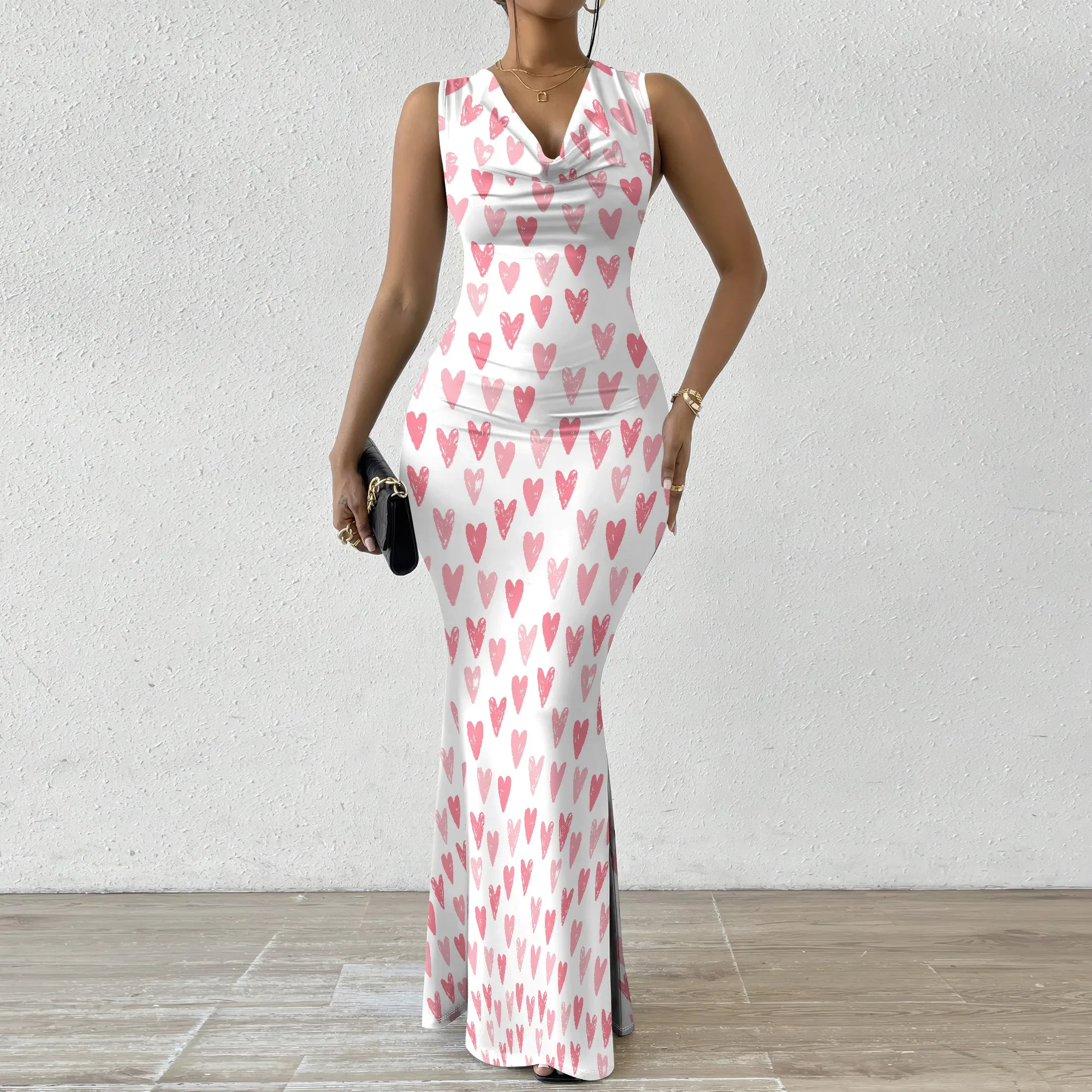 

Women's Mermaid Dress Fitted Cowl Neck Fishtail Dress XS-2XL Heart Print for Ballet Recital Dance Gala