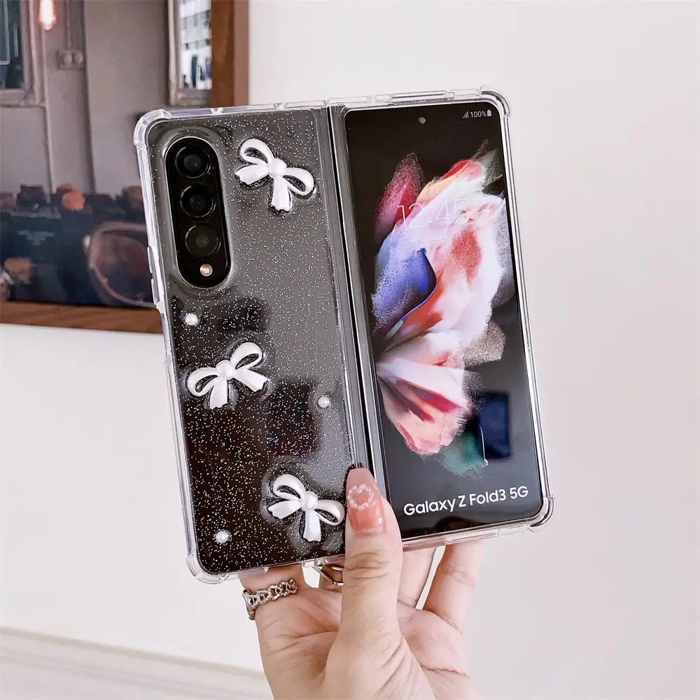 For Samsung Galaxy Z Fold 4 3 Case 3D Glitter Bow Transparent Four Corners Shockproof Soft Silicone Protective Cover Accessories