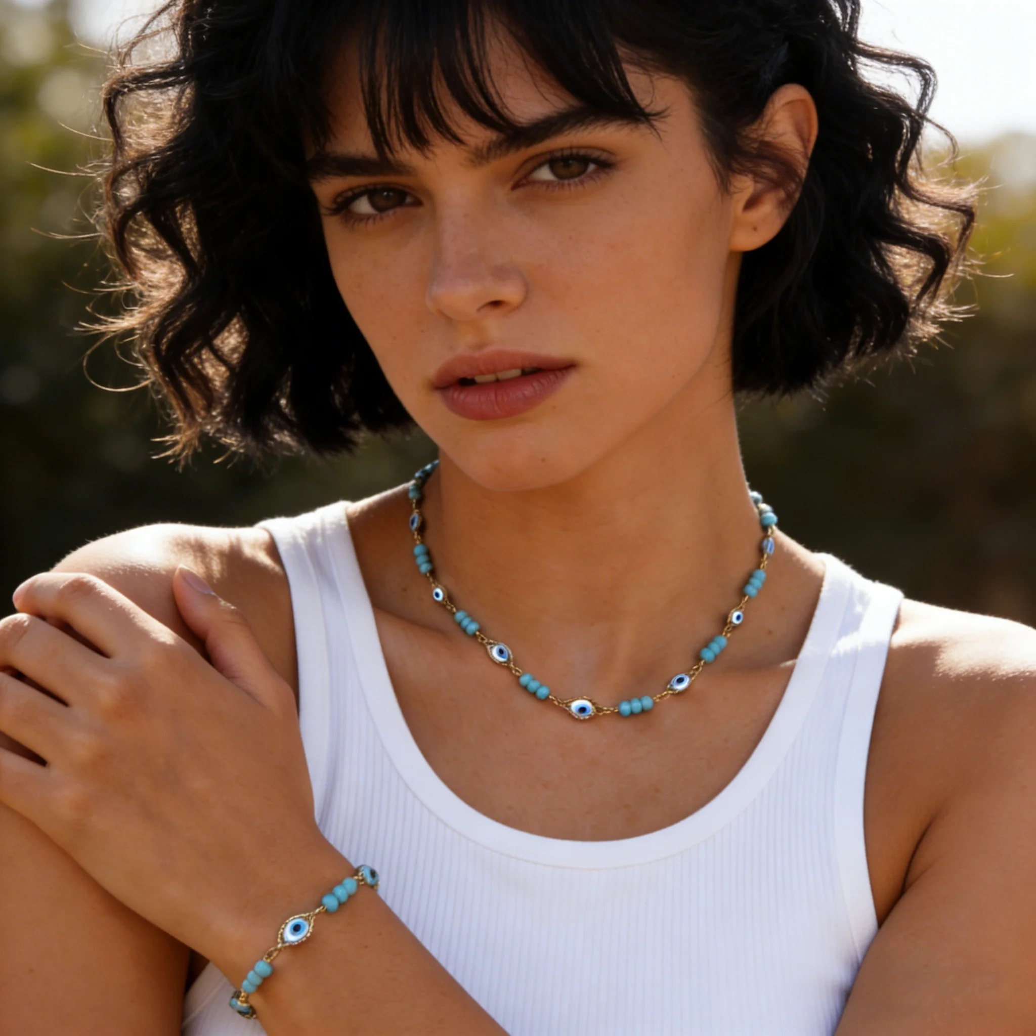 Blue Crystal Lucky Turkish Evil Eye Necklace Bracelets for Women Gold Plated Adjustable Metal Chain Fashion Jewelry Set Gifts