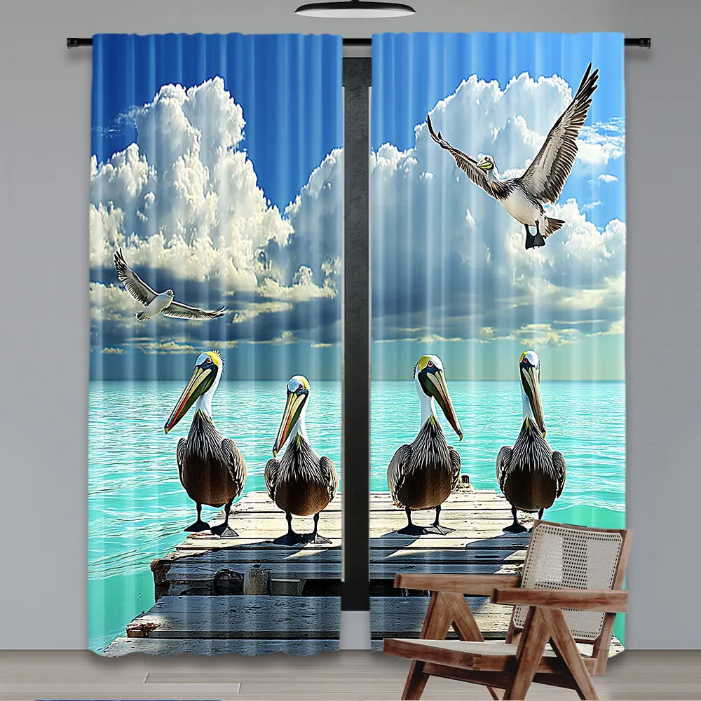 2Pcs Landscape Curtain Tropical Sea View With Exotic Birds Pelicans Caribbean Beach Tranquil Photo For Bedroom Living Room